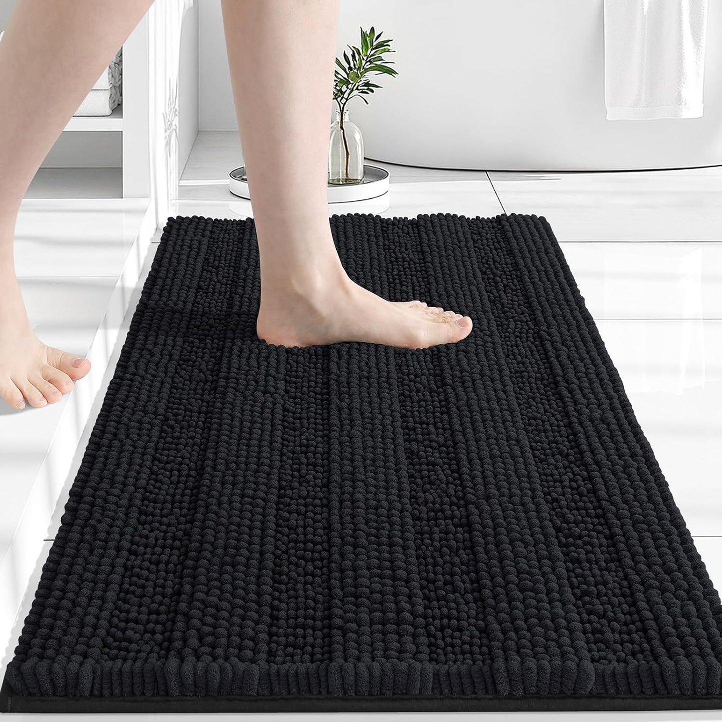 Grandaily Chenille Striped Bathroom Rugs 30x20, Extra Thick and Absorbent Bath Mats, Non-Slip Soft Plush Shaggy Shower Carpet, Machine Wash Dry, Bath Rug for Bathroom, (Medium, Black)