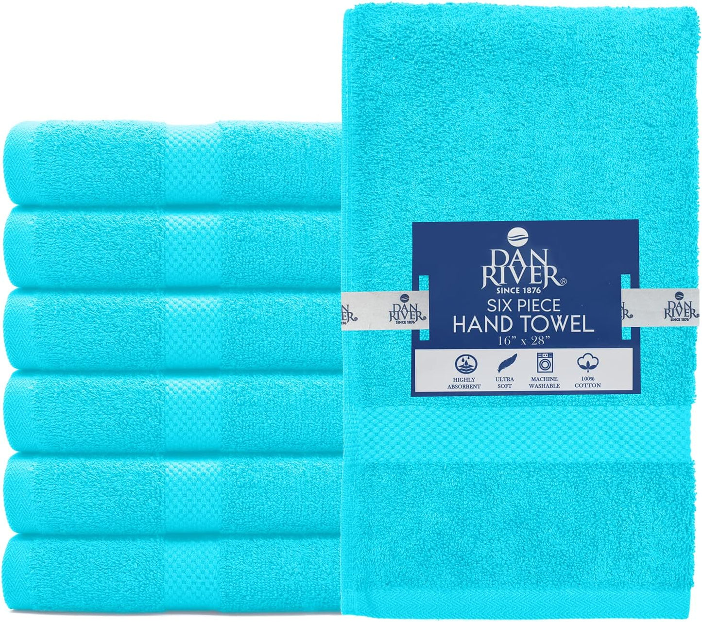 DAN RIVER 6-Pack Premium Hand Towels (16x28 Inches) - 100% Cotton, Ultra Soft, Lightweight, Highly Absorbent Towels for Bathroom, Spa, Gym, Salon, Hotel, and Travel - 550 GSM – Turquoise