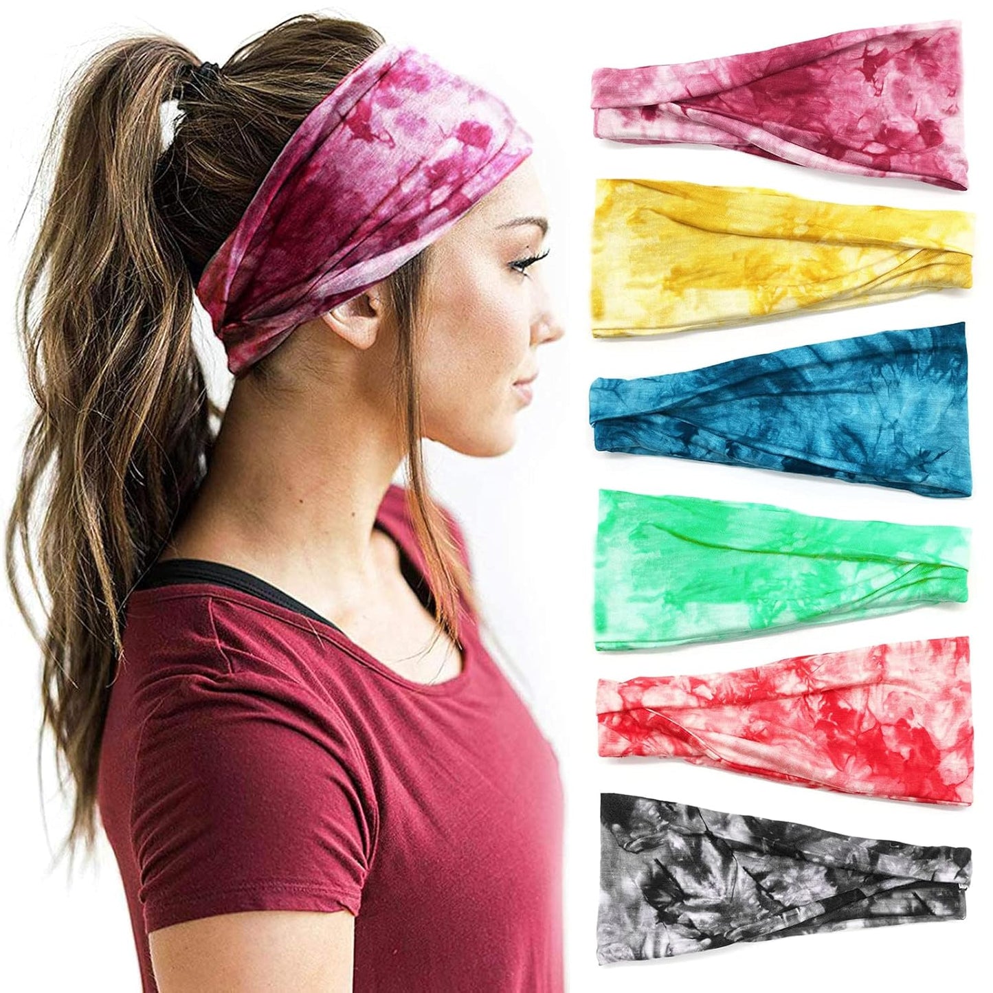 Boho Headbands For Women Fashion Wide Headband Yoga Workout Head Bands Hair Accessories Elastic Tie Dye Band 6 Pack