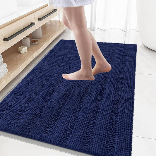 Grandaily Chenille Striped Bathroom Rugs 59x35, Extra Thick and Absorbent Bath Mats, Non-Slip Soft Plush Shaggy Shower Carpet, Machine Wash Dry, Bath Rug for Bathroom, Navy