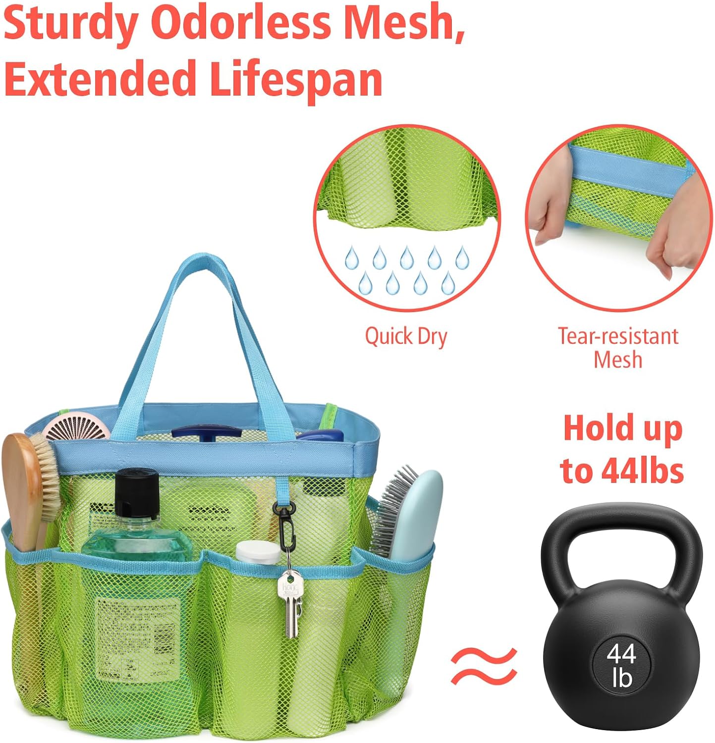 F-color Mesh Shower Caddy Portable, Upgrade Deeper 7 Pockets Shower Bag Basket Bag Tote for College Dorm Room Toiletry Bathroom Essentials Gym Camp Quick Dry 2 handles with S Hook