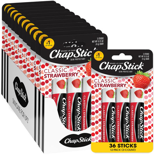 ChapStick Lip Moisturizer, Classic Strawberry 3-Packs (12 Sets/36 Tubes) – Bulk Lip Balm, Fruity & Sweet, 0.15 Oz Ea