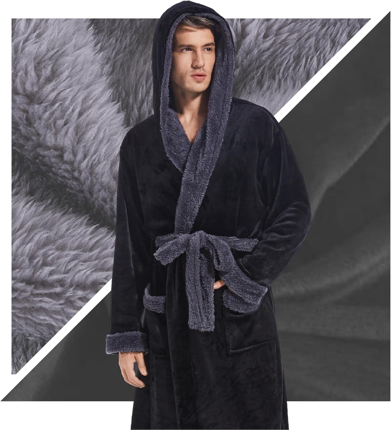 Inner Wish Mens Hooded Robe, Plush Long Bath robes Cozy Warm Bathrobe Fuzzy male Spa Robe With Pockets
