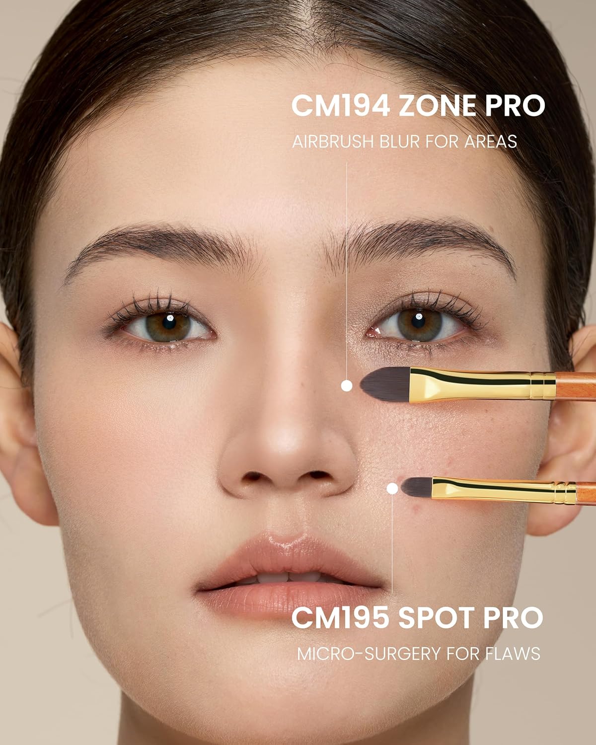 Desert Oak Series Pro Concealer Duo - Wide Teardrop & Micro Detail Brush Set for Under Eyes, Acne Scars & Redness, Bubinga Wood Handles (CM 194 & 195 Kit)