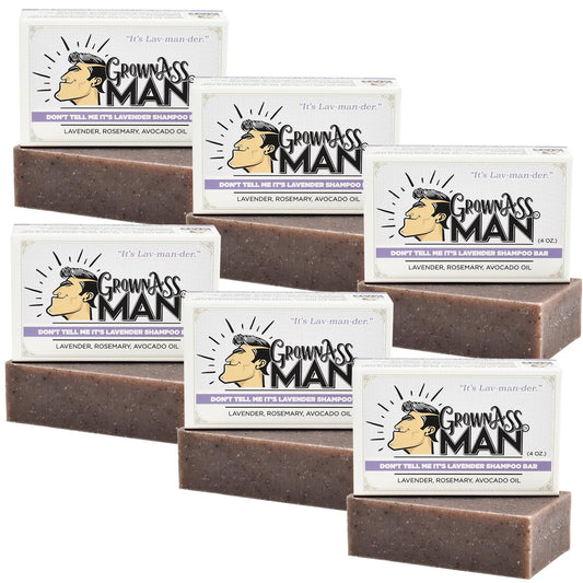 Grown Ass Man Co. - Solid Shampoo Bar Rich Lather 3 in 1: Hair, Beard & Body Wash - Plastic Free & Eco-Friendly, Natural & Organic for All Hair Types, 4oz Bar (Don't Tell Me It's Lavender, 6-Pack)