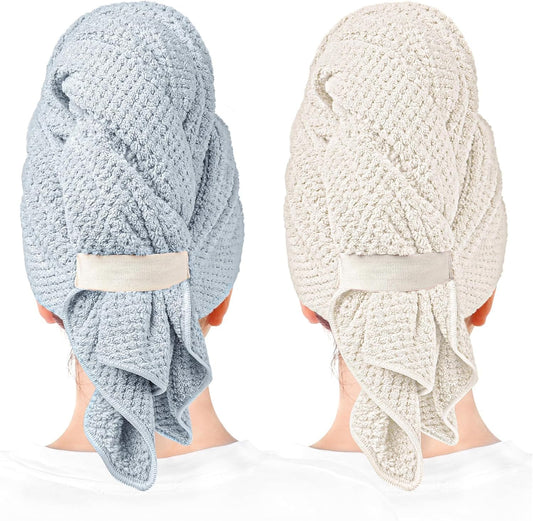 Microfiber Hair Towel Wrap Turban 2 Pack Large | Super Absorbent Quick Dry & Anti-Frizz for Women with Curly Hair | 27.5" x 39.4" Hair Towel Cap