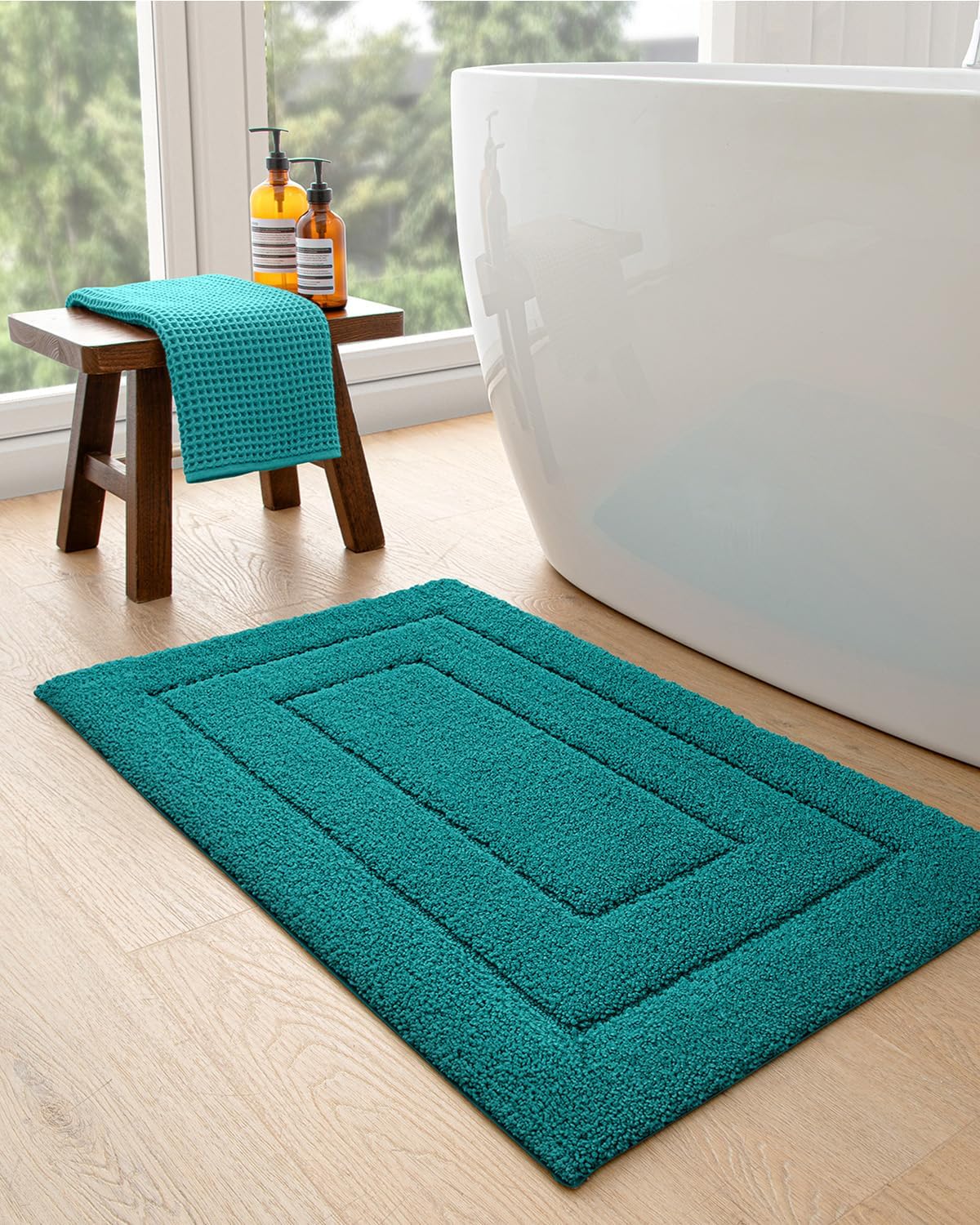 DEXI Bathroom Rug 36x24, Non Slip Washable Bath Mat for Shower Floor, Absorbent Soft Bathmat with Rubber Backing, Quick Dry Microfiber Carpet, Teal