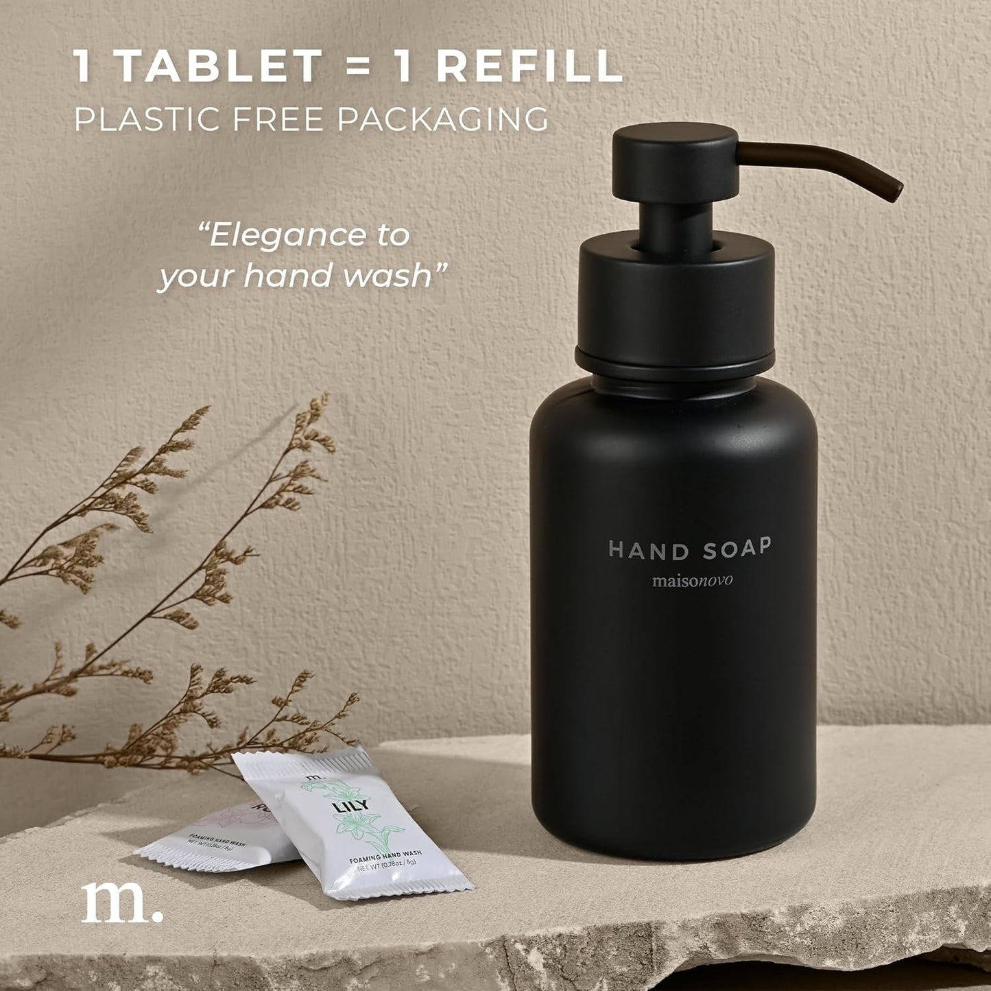 MaisoNovo 14 oz Black Glass Foaming Soap Dispenser with Black Pump - Mixed 4 Pack Foaming Hand Soap Refill Tablets