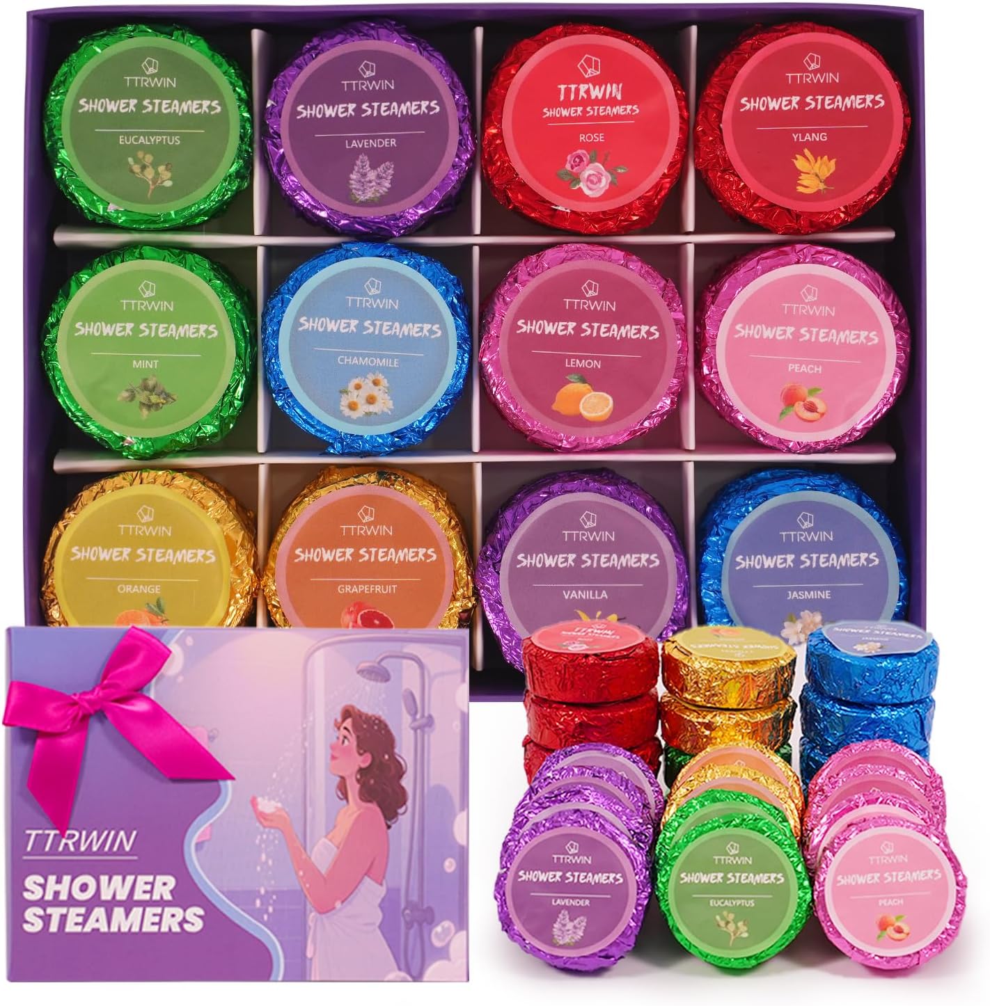 Shower Steamers Aromatherapy 24 Pack Shower Bombs with Natural Essential Oils, Home SPA Stress Relief Christmas Stocking Stuffers Birthday Gifts for Women Mom Men Self Care Relaxation