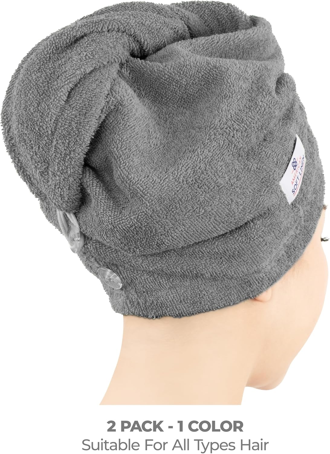 American Soft Linen 100% Cotton Hair Towels for Women, Head Towel Cap, Cotton Hair Turban Towel Wrap for Long Curly Anti Frizz Hair, Soft and Absorbent Cotton Hair Towels 2 Pack, Dark Gray