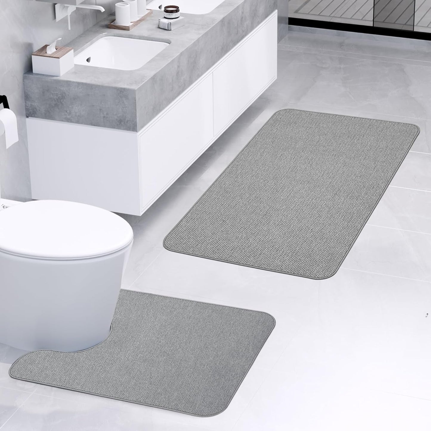 Bathroom Rugs Set 2 Pieces,Thin Bathroom Mats,Toilet Rugs,Quick Dry,Non-Slip,Machine Washable,Low Pile,Absorbent Bath Mats,Shower,Sink,Home Decor Accessories.Grey,1'5"x2'3"+1'8"x2" U Shape