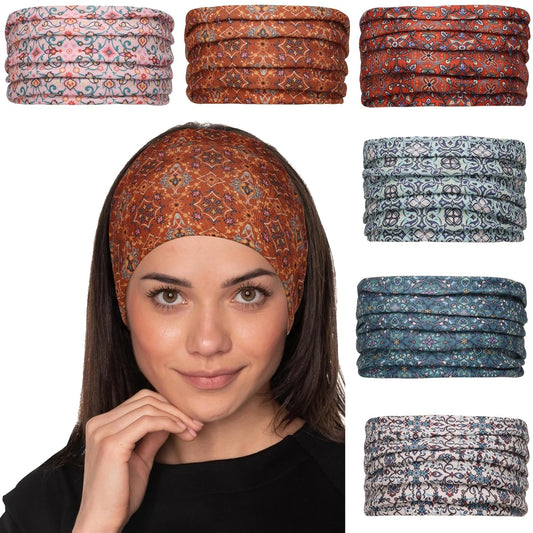 Cobahom 6 Pcs Wide Headbands for Women Non Slip Soft Fabric Hair Wrap Boho Head Bands Elastic Sport Hair Bands for Workout Yoga Running (Retro Flower)