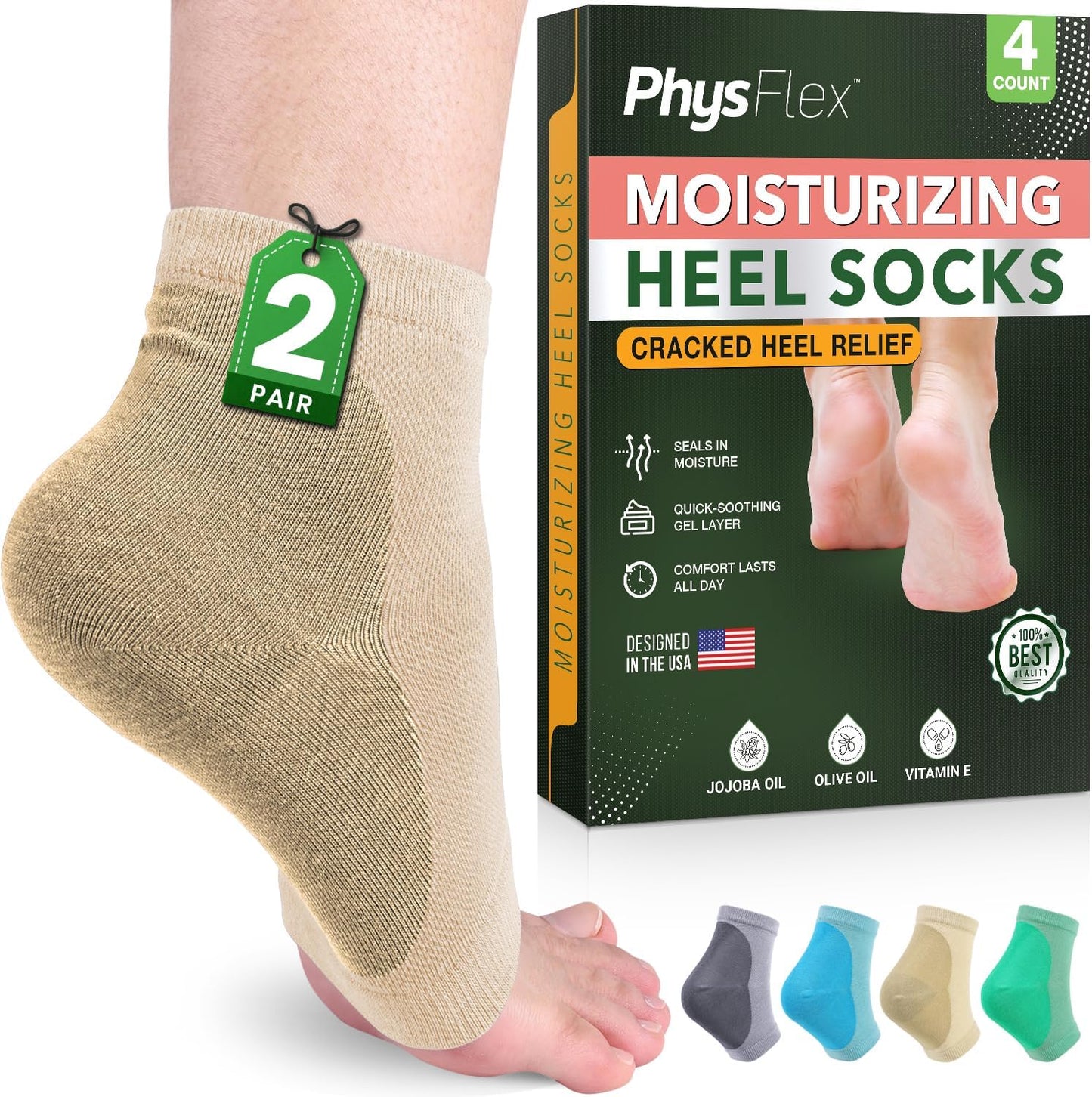 Moisturizing Heel Socks for Cracked Heels - Gel Socks for Dry Cracked Feet Repair - Silicone Socks for Women’s Foot Treatment & Overnight Hydration (Beige, 2-Pair)
