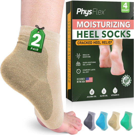 Moisturizing Heel Socks for Cracked Heels - Gel Socks for Dry Cracked Feet Repair - Silicone Socks for Women’s Foot Treatment & Overnight Hydration (Beige, 2-Pair)