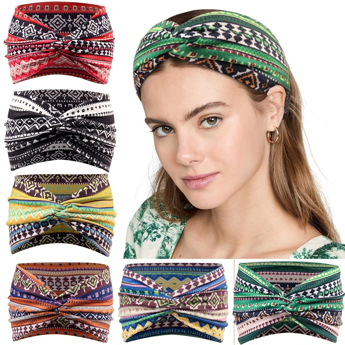 Wide Headbands for Women No Slip Boho Head Bands Soft Turban Twist knot Headband Yoga Workout Head Wraps for Women, Pack of 6