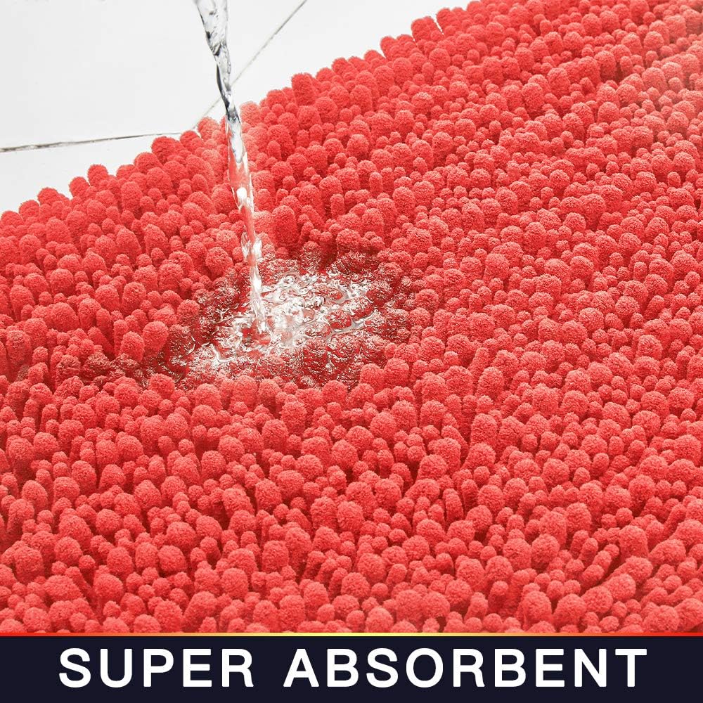 Walensee Bathroom Rug Non Slip Bath Mat (32x20 Inch Coral) Water Absorbent Super Soft Shaggy Chenille Machine Washable Dry Extra Thick Perfect Absorbant Best Large Plush Carpet for Shower Floor