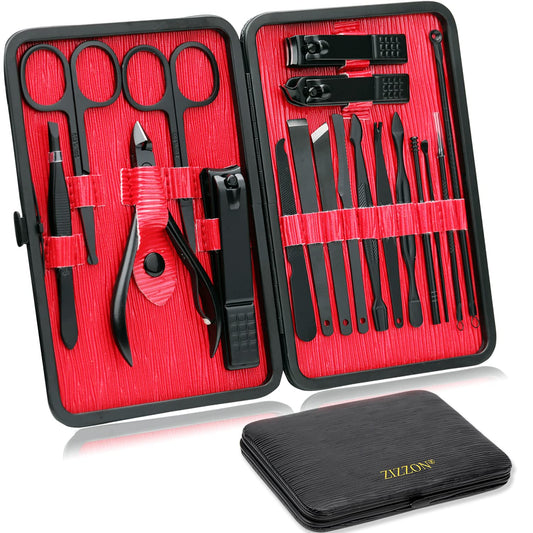 ZIZZON Manicure Set 18 in 1 Professional Pedicure Set Nail scissors Grooming Kit with Leather Travel Case (Black/Red)