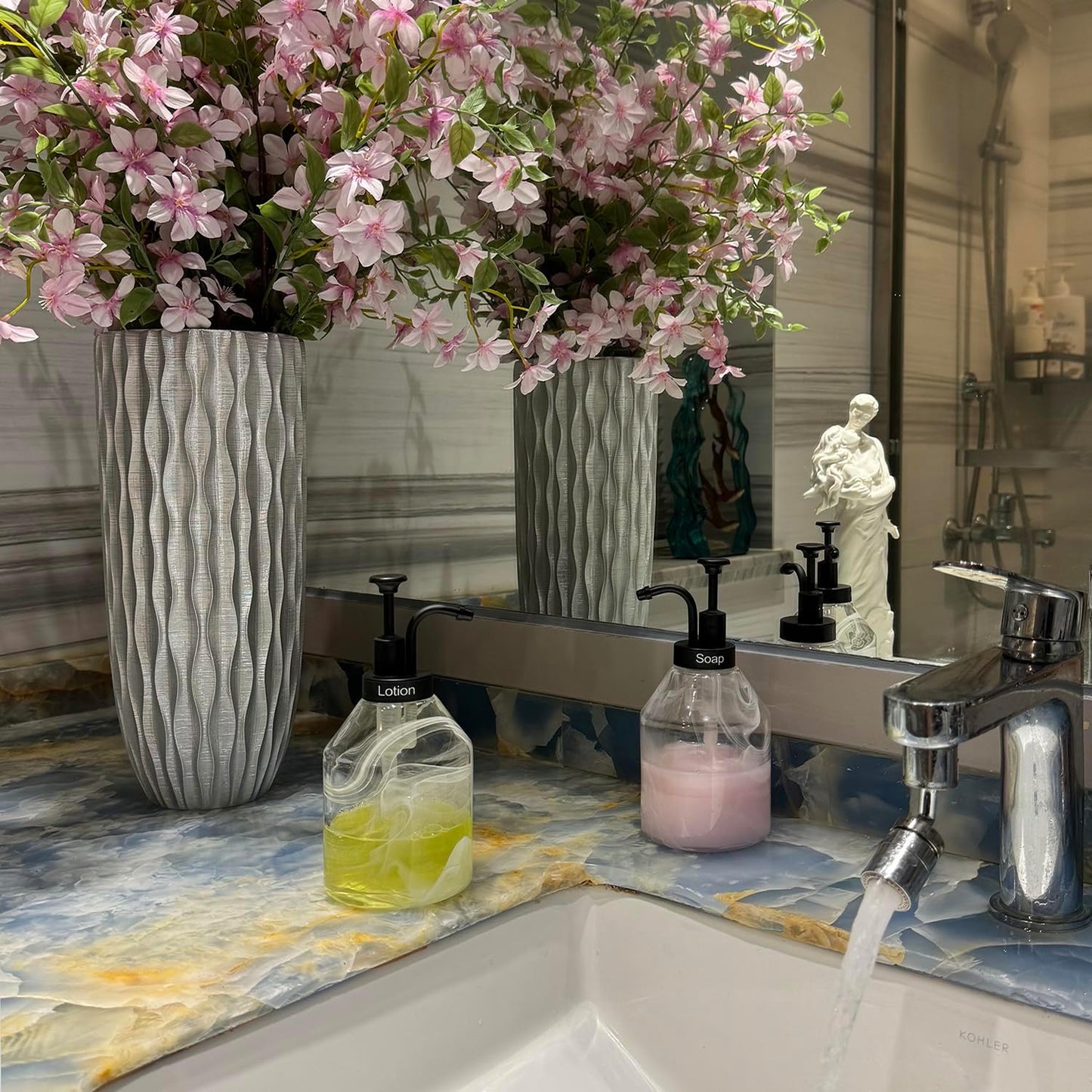 Bathroom Glass Soap Dispenser Set, 2 Pcs 375ml/12.7 Oz Unique 3D Cloud Pattern Thick Glass Soap Bottle with Smooth Action Rust-Free Black ABS Pump for Kitchen Counter Dish Soap Dispenser