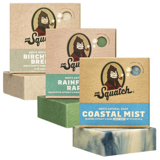 Dr. Squatch Natural Bar Soap for Men - Cold Process Soap with No Harsh Chemicals - Birchwood Breeze, Rainforest Rapids & Coastal Mist (5 oz, 3-Pack)