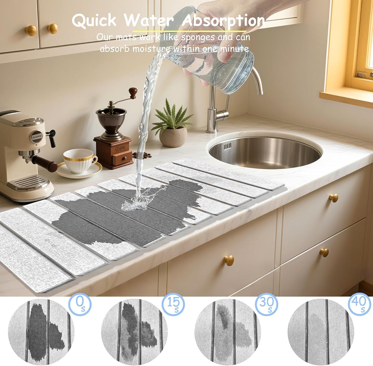 Stone Dish Drying Mat For Kitchen & Bathroom - Diatomaceous Earth, Quick Dry, Collapsible, Non - Slip Pvc, Rounded Corners, 15.7 X 11.8 IN, Absorbent, Natural Material For Dishes, Cups & More