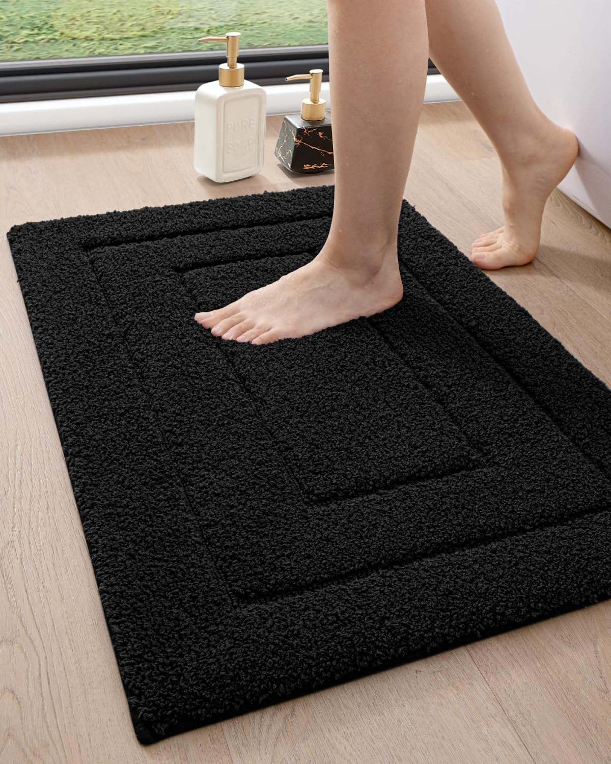DEXI Bathroom Rug 36x24, Non Slip Washable Bath Mat for Shower Floor, Absorbent Soft Bathmat with Rubber Backing, Quick Dry Microfiber Carpet, Black