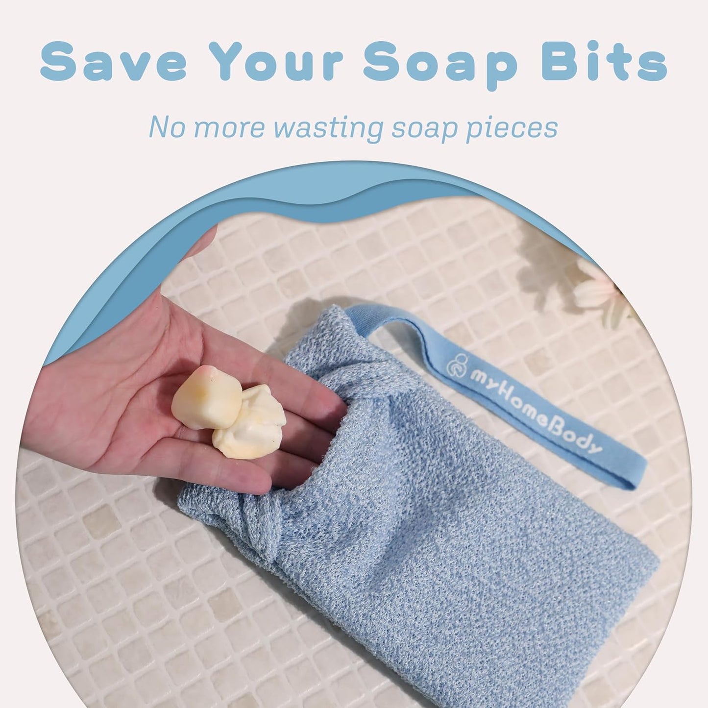 myHomeBody Soap Pocket for Gentle Exfoliating, Lather Mesh Bag, Body Scrubber Exfoliator, Pouch for Shower, Leftover Bits Saver, Light Blue, Gray - 2 Pack