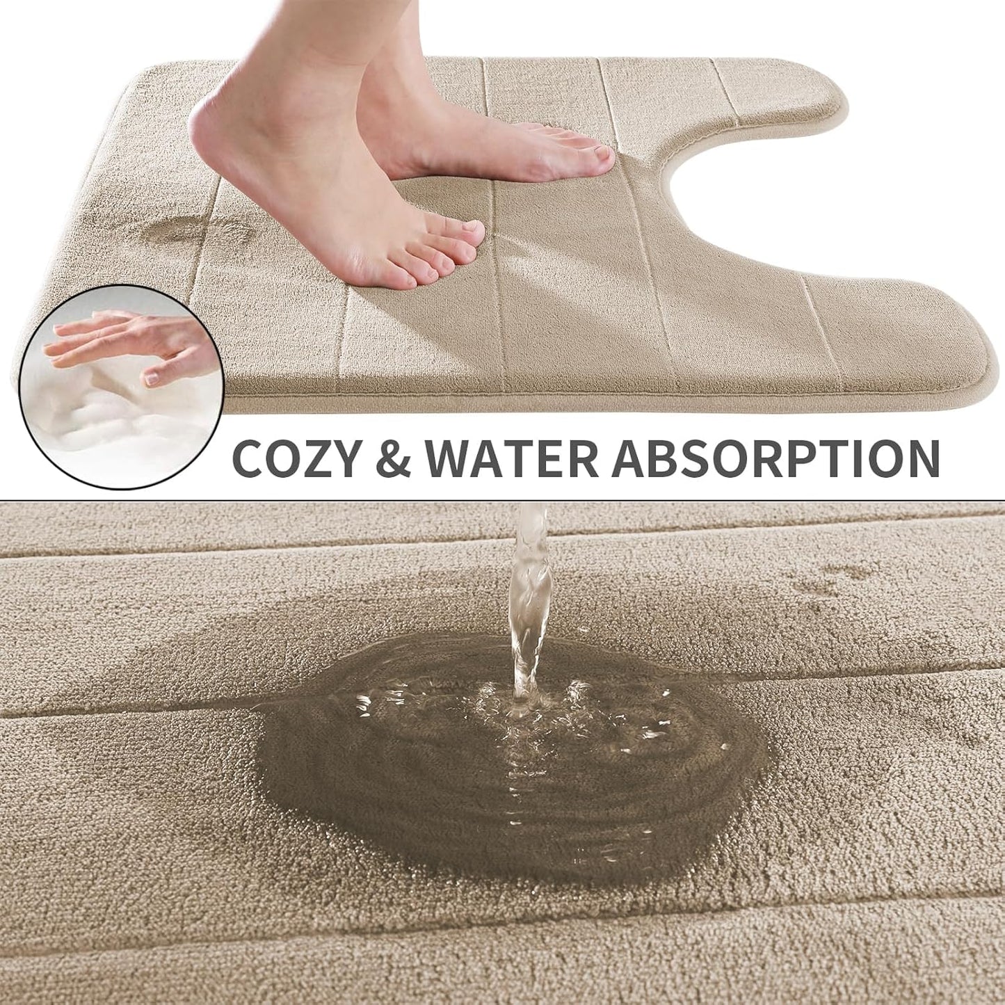 Yimobra Memory Foam Toilet Bath Mat U-Shaped, Soft and Comfortable, Super Water Absorption, Non-Slip, Thick, Machine Wash and Easier to Dry for Bathroom Commode Contour Rug, 24 X 20 Inches, Beige