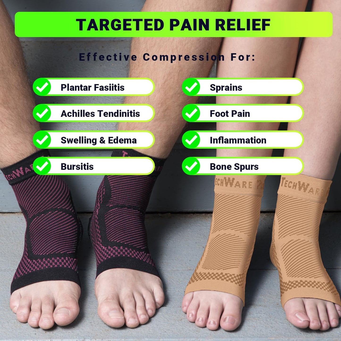 TechWare Pro Ankle Brace Compression Sleeve - Plantar Fasciitis Sock. Relieves Achilles Tendonitis. Foot Arch Support Reduces Joint Pain, Swelling & Heel Spur Pain. Injury Recovery Braces for Sports