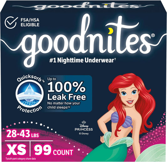 Goodnites Girls' Nighttime Bedwetting Underwear, Size Extra Small (28-43 lbs), 99 Ct, Packaging May Vary