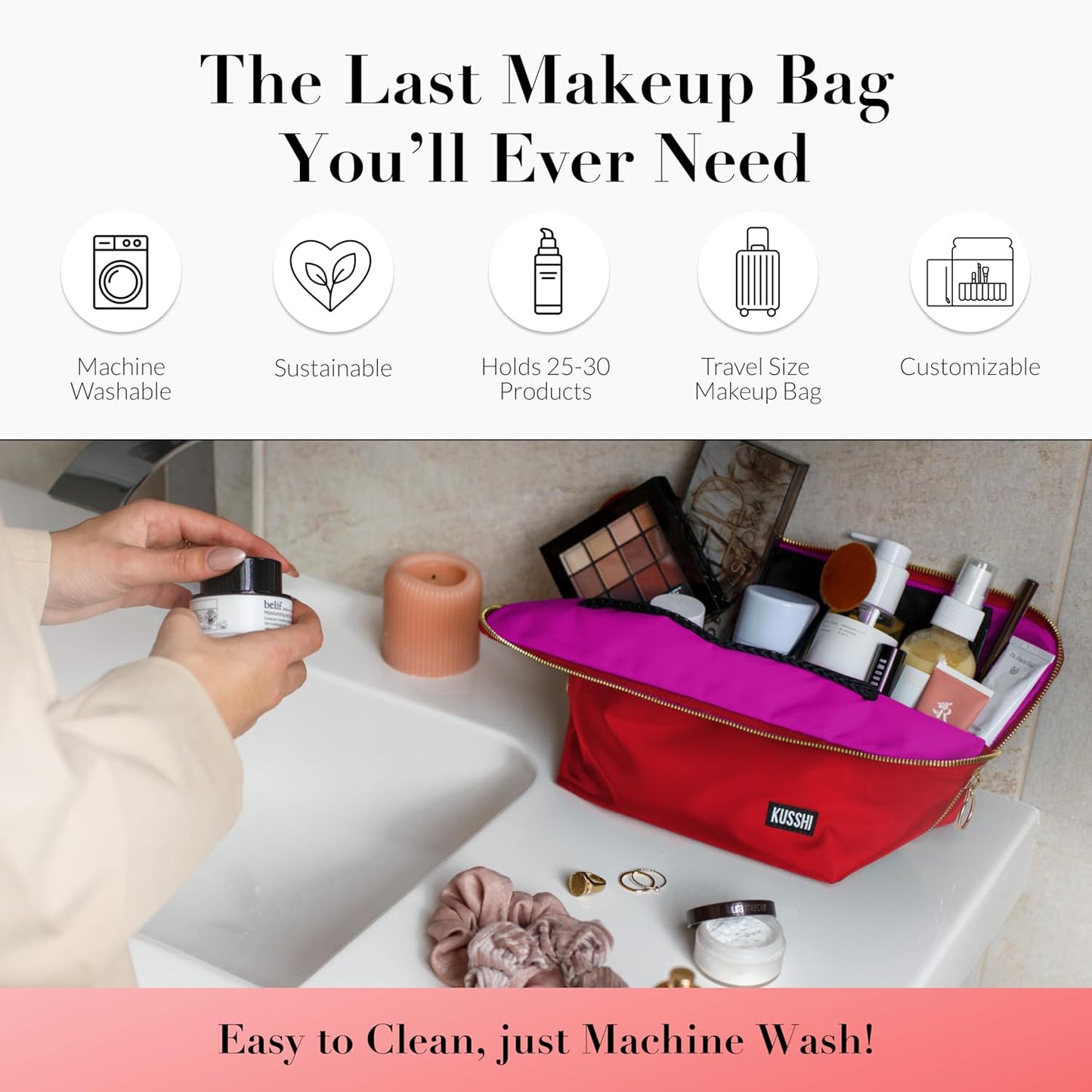 KUSSHI Washable Travel Makeup & Cosmetic Bag - Brush Organizer Sold Separately (Vacationer, Candy Apple Red/Pink)