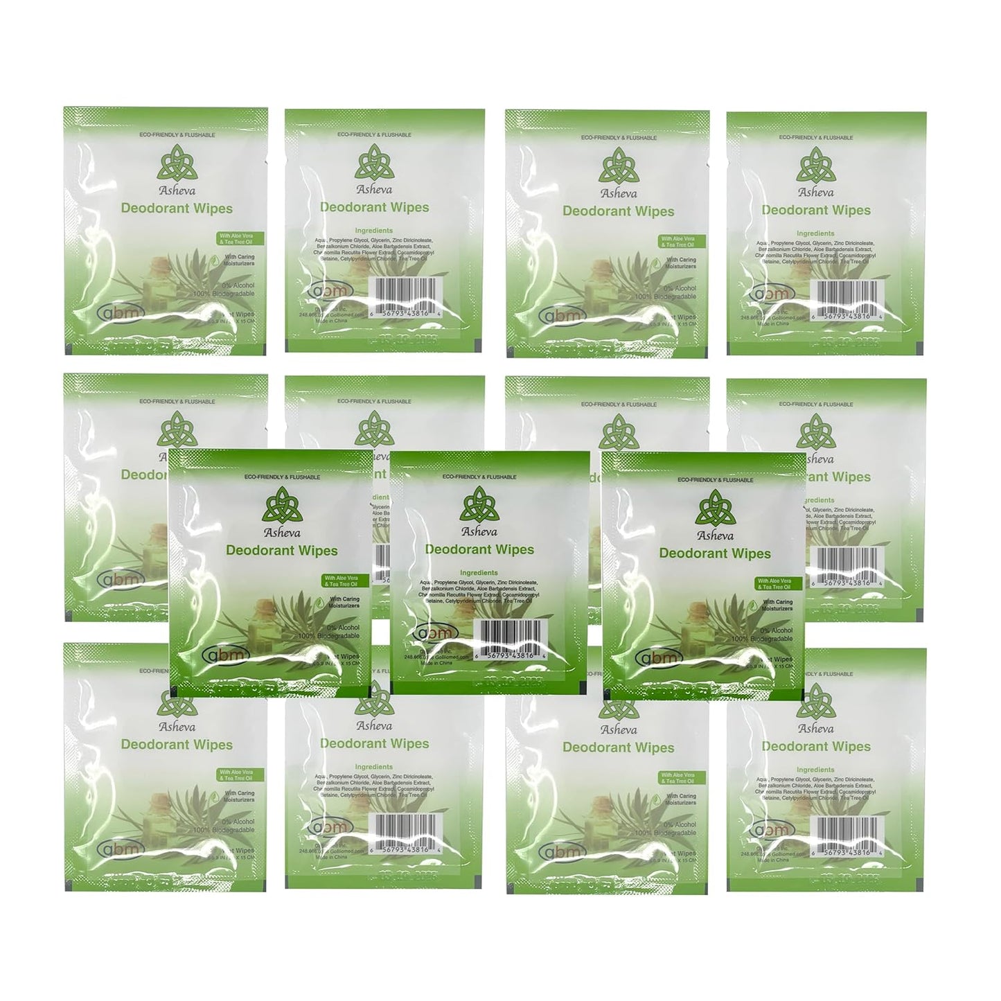 Asheva - Individually Packaged Deodorant Wipes - Box of 15 Wipes (Tea Tree)