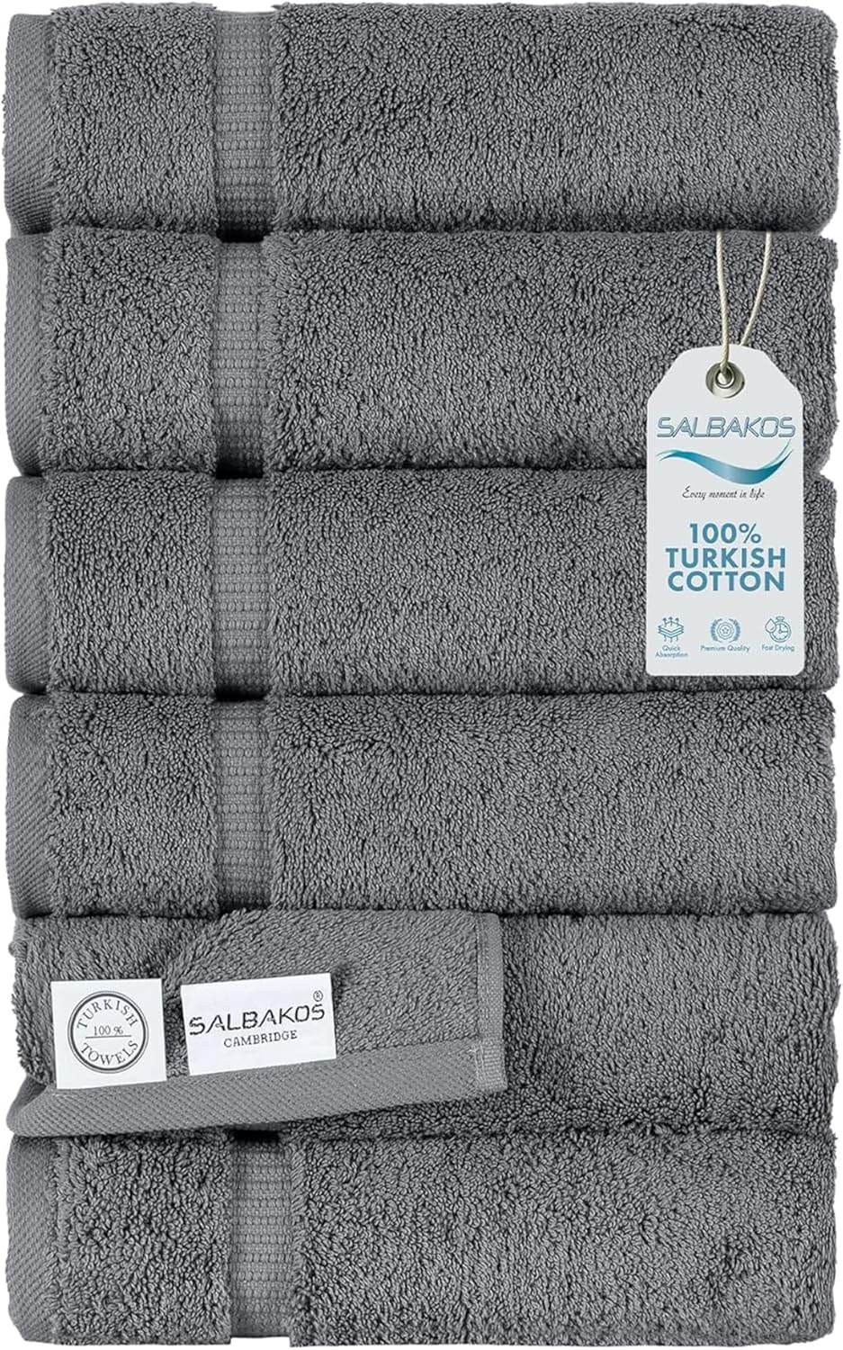 SALBAKOS 100% Turkish Cotton Hand Towel Set of 6 16x30 inch | Heirloom Quality | Hotel & Spa Collection | Ultra Soft, Super Absorbent, Long Lasting Hand Towels | Made in Turkey (Gray, 6 Hand Towels)