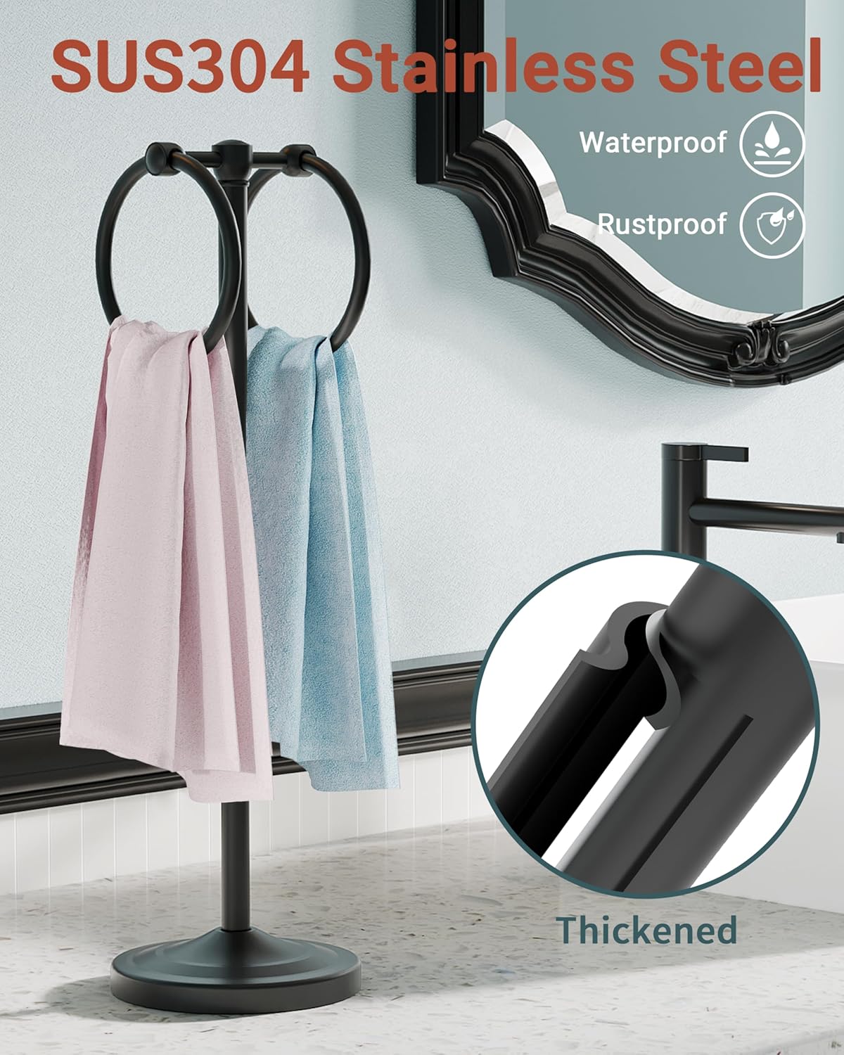 Hand Towel Holder Stand, SUS304 Stainless Steel Weighted Hand Towel Stand for Bathroom Kitchen Countertop Towel Stand with Double Stand Hand Towel Ring Total Height 18"(Matte Black)