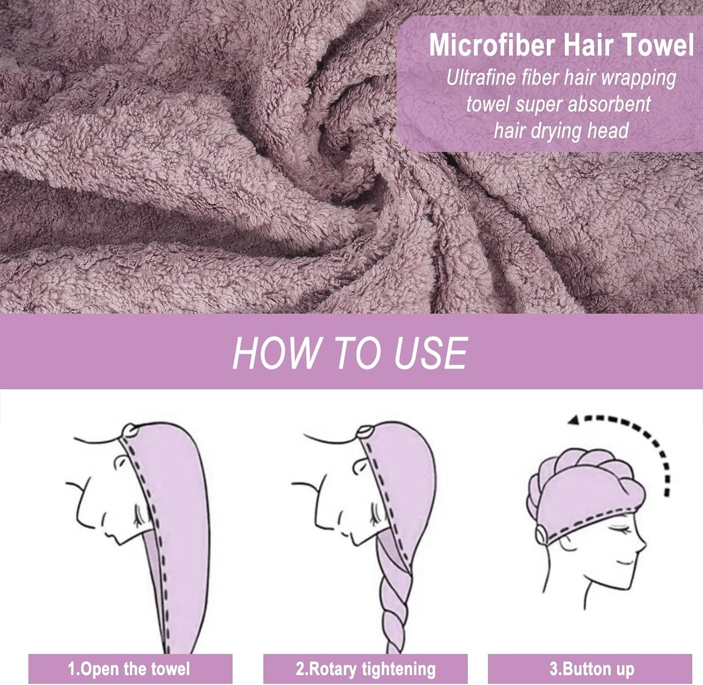 Hair Drying Towel 3 Pack - Ultra Soft Microfiber Turban Twist Hair Wrap for Women - Super Absorbent, Quick Dry Hair Towel Cap for Wet Hair (3 Colors,Purple, Bule, Brown)
