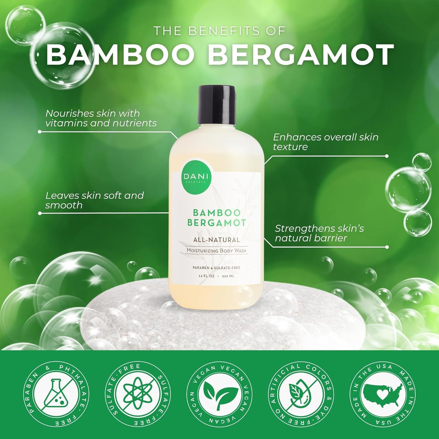 DANI Naturals Moisturizing Body Wash - Refreshing Bamboo Bergamot Scent with Organic Aloe Vera & Natural Glycerin - Paraben & Sulfate-Free Shower Gel - For Men & Women - 12 oz - Vegan & Cruelty-Free