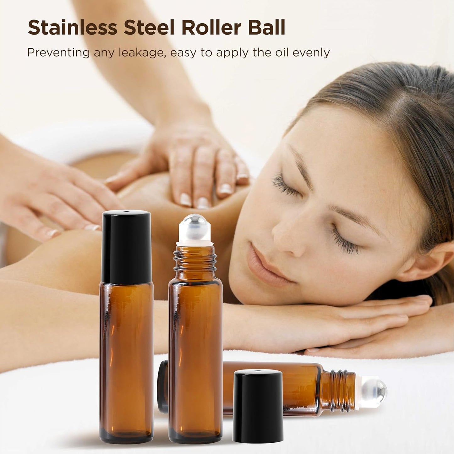 Essential Oil Roller Bottles, 10ml Thick Glass Perfume Roller Bottles with Funnel Opener and Dropper Colored Glass Empty Bottles with Stainless Steel Roller Balls (Brown - black cover, 4 Pack)