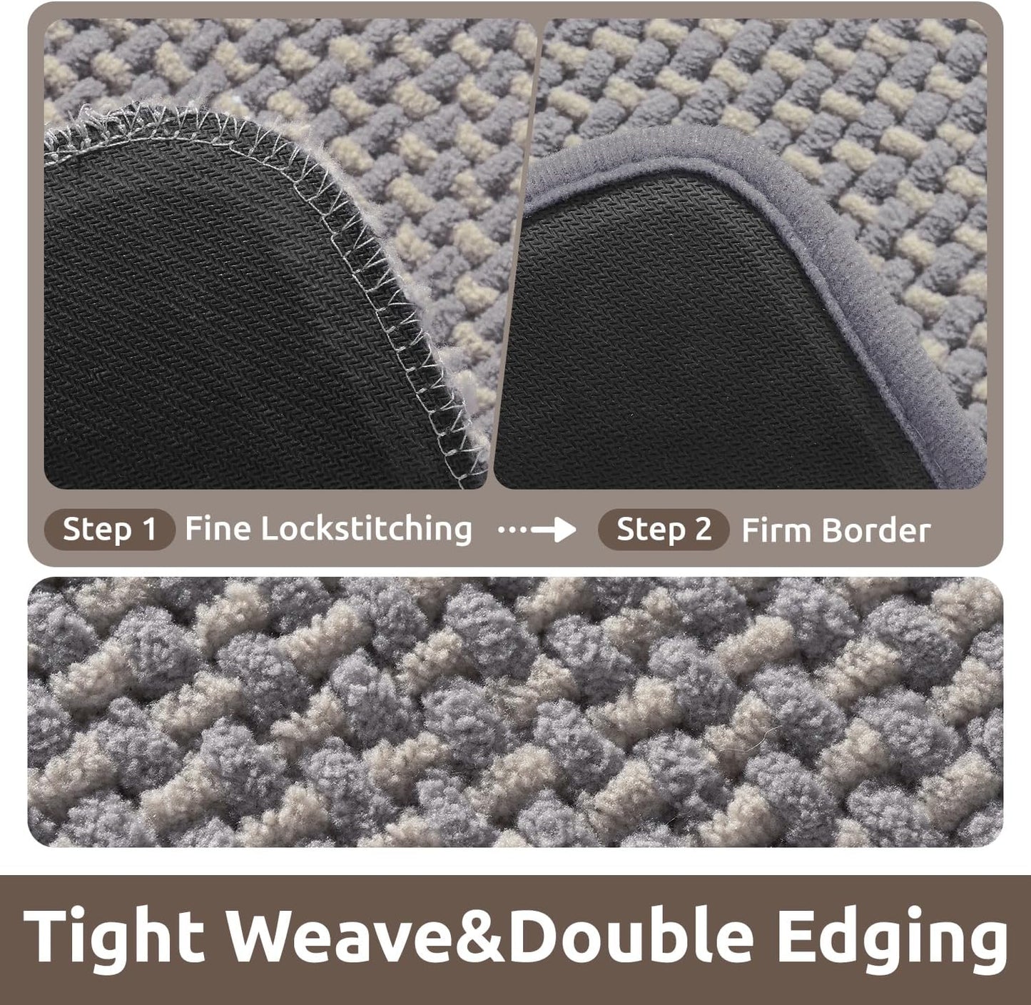 AMOAMI Chenille Bath Mat Super Absorbent Bathroom Mat Quick Dry Low Pile Bath Mats for Bathroom Washable Rubber Backed Bathroom Runners Fit Under Door, Front of Bathtub, Sink, LIGHTGREY&Beige 17"x59"