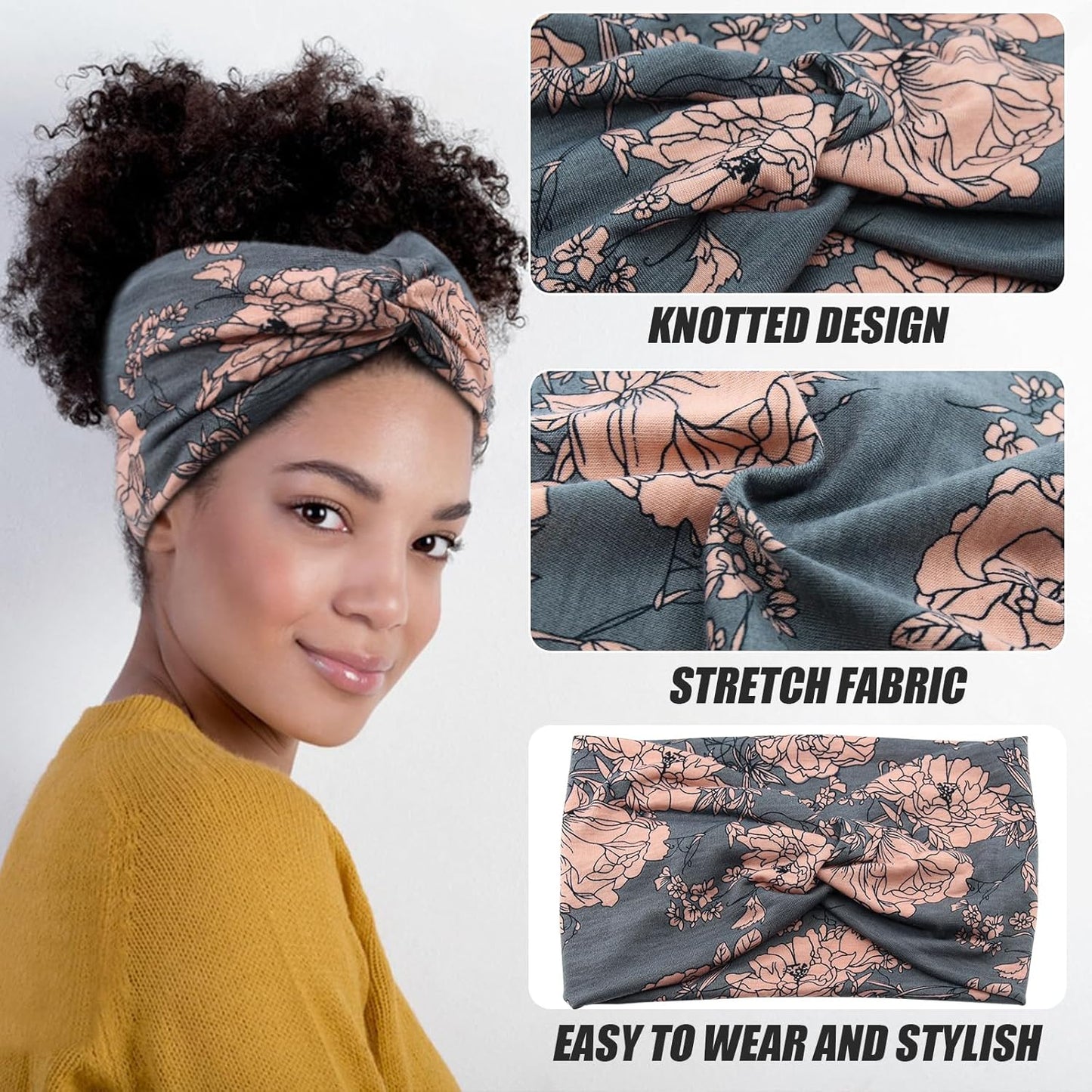 Wide Headbands for Women Girls,Floral Printed Boho Headband Turban Knot Hairband Twist Workout Headbands Fashion Yoga Hair Bands,Pack of 6