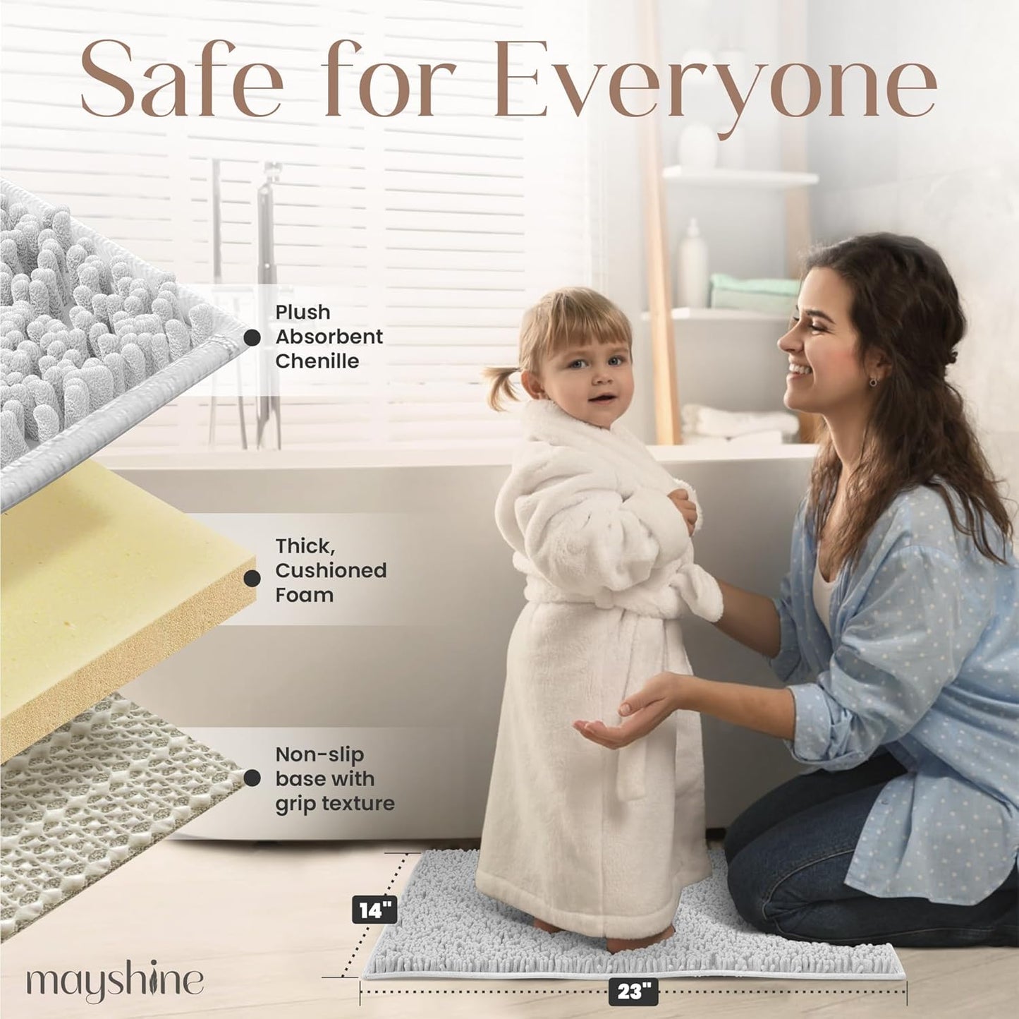 MAYSHINE Plush Shaggy Chenille Bath Mat | Extra Soft, Super Absorbent, Non-Slip Bathroom Rug | Fluffy Microfiber, Area Rug Sets for Bathroom Floor, Kitchen, Living Room | 32"x20" | White