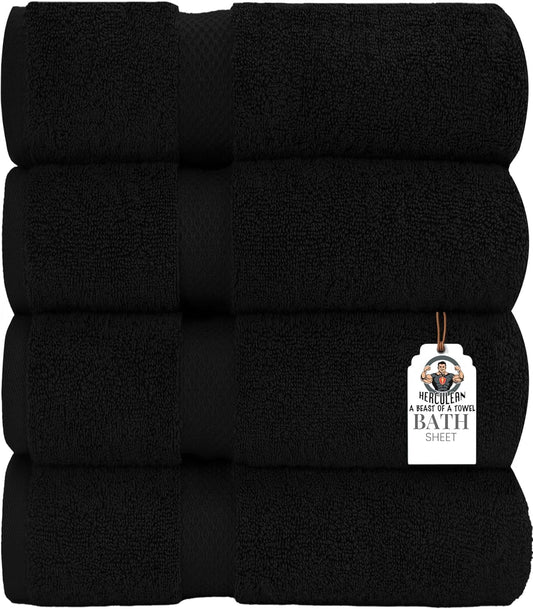 HERCULEAN Bath Sheet 30 x 60 Pack of 4 | 450 GSM Quick Dry and Highly Absorbent | 100% Cotton Terry Towels for Bathroom - Perfect for Shower - Pool and Spa - Luxury Soft Towels - Black