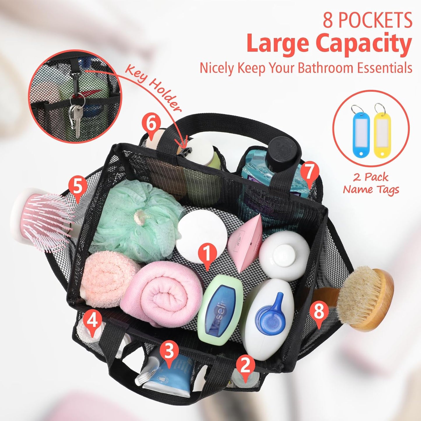 F-color Mesh Shower Caddy Portable with 2 Pack Name Tags, Upgrade Deeper 7 Pockets Shower Bag Tote for College Dorm Room Toiletry Bathroom Essentials Gym Camp Quick Dry 2 handles with S Hook, Black