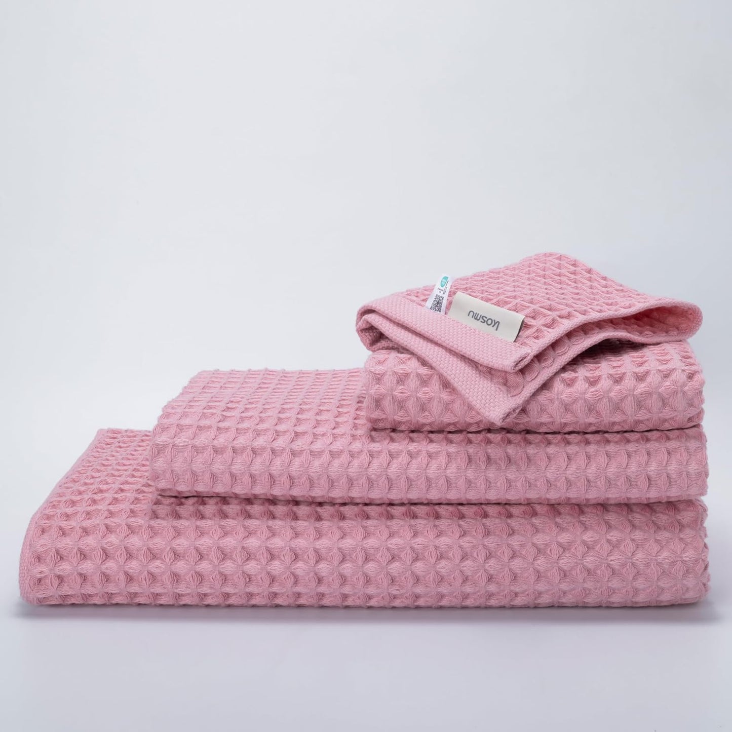 Luxury Japanese Cotton Waffle Bath Towel | Plush, Absorbent, and Quick Dry | Free Storage Bag Included (Sakura Pink, Complete Set (4-Piece))
