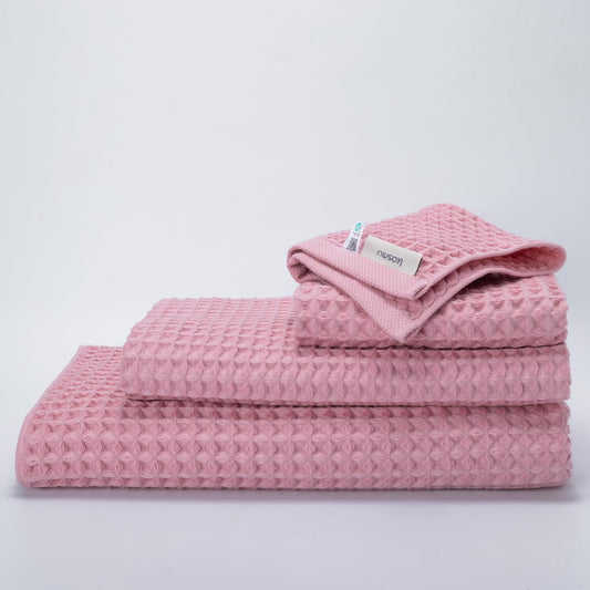 Luxury Japanese Cotton Waffle Bath Towel | Plush, Absorbent, and Quick Dry | Free Storage Bag Included (Sakura Pink, Complete Set (4-Piece))