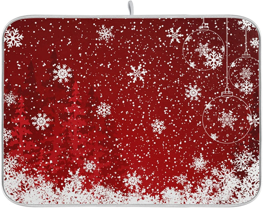 Dish Drying Mat for Kitchen Counter 18 x 16 Inch Romantic Christmas Snowflake on Red Microfiber Dish Mat Drying Pad Absorbent Dishes Pad Dish Drainer Rack Mats