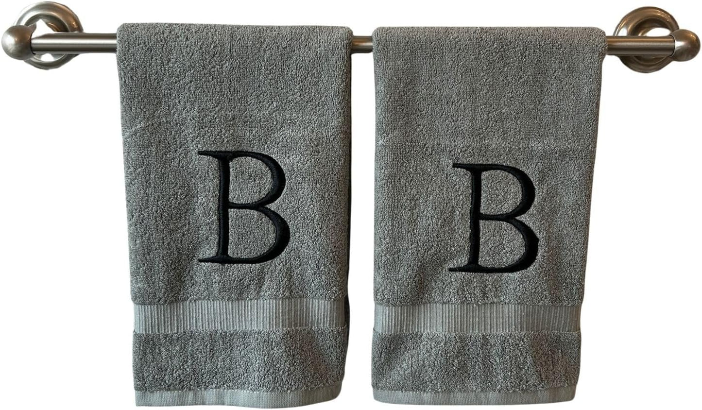 Gray Initial Hand Towel for Bathroom - Monogrammed Luxury Hotel Quality Decorative Embroidered Towel for Powder Room, Spa - GOTS Organic Certified - Set of 2 Black Letter B