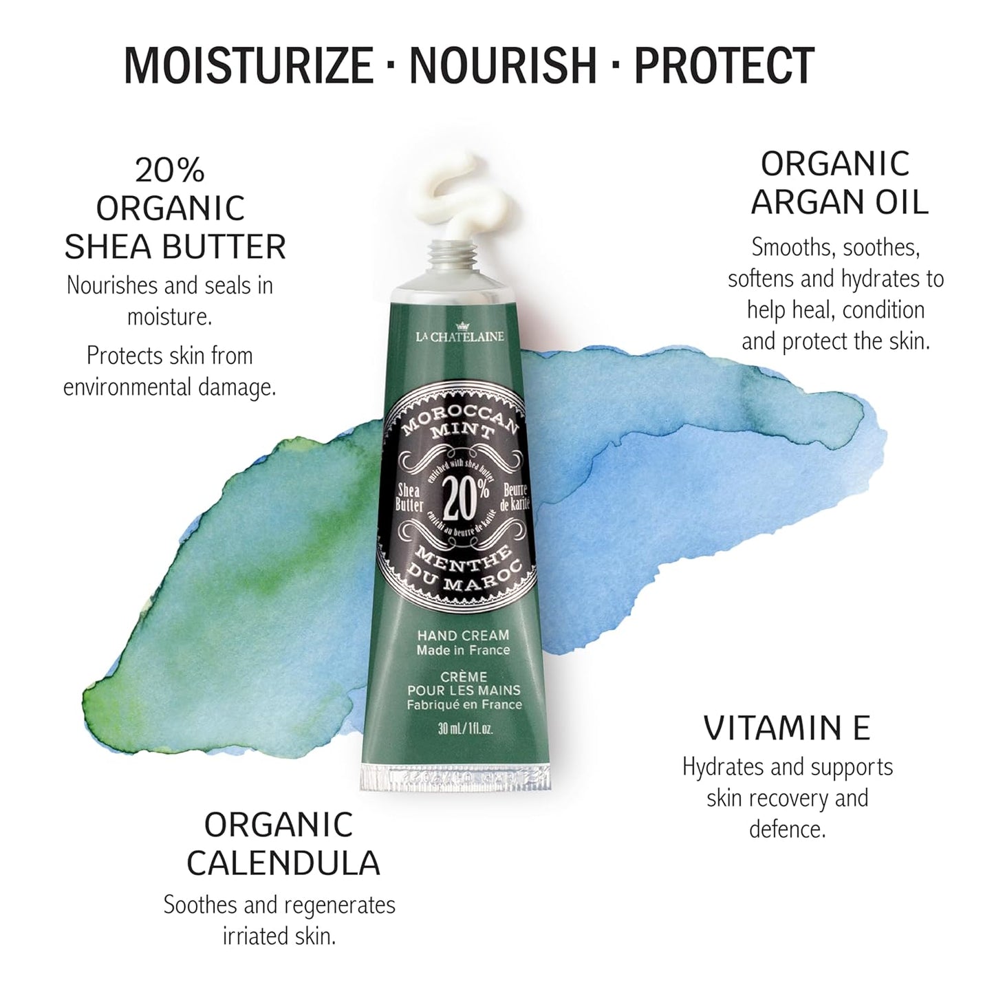 La Chatelaine 20% Shea Butter Hand Cream Travel Size, Men, Unisex, Moisturizing, Nourishing, Extra-Rich Hand Lotion, Made in France, 1 oz / 30ml (Moroccan Mint)