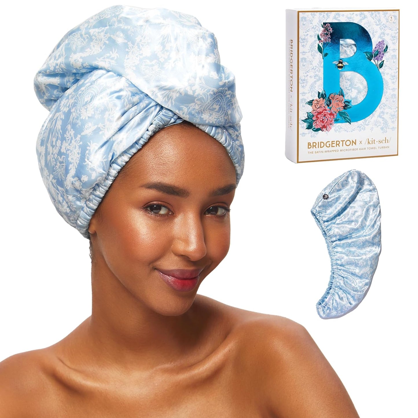 Kitsch Bridgerton x Satin Microfiber Hair Towel Wrap for Women - Super Absorbent, Quick Dry, Anti-Frizz, for Long & Short Hairs, Turbans for Women, Hair Wrap - Toile de Blue