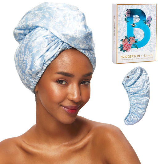 Kitsch Bridgerton x Satin Microfiber Hair Towel Wrap for Women - Super Absorbent, Quick Dry, Anti-Frizz, for Long & Short Hairs, Turbans for Women, Hair Wrap - Toile de Blue