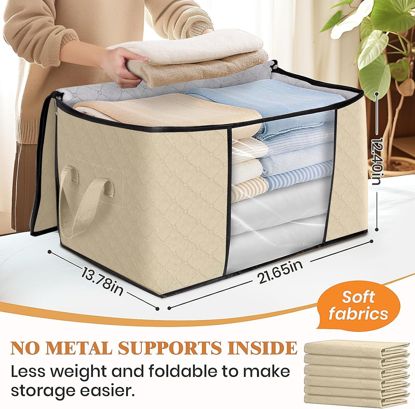 Fab totes 6 Pack Clothes Storage, Foldable Thick Fabric Blanket Storage Bags, Containers for Organizing Bedroom, Closet, Clothing, Comforter, Organization with Handle,Beige