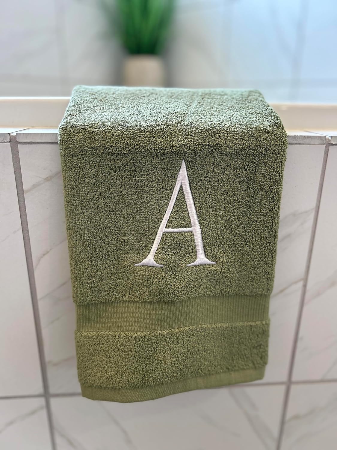 Sage Initial Hand Towel for Bathroom - Monogrammed Luxury Hotel Quality Decorative Embroidered Towel for Powder Room, Spa - GOTS Organic Certified - Set of 2 Letter M